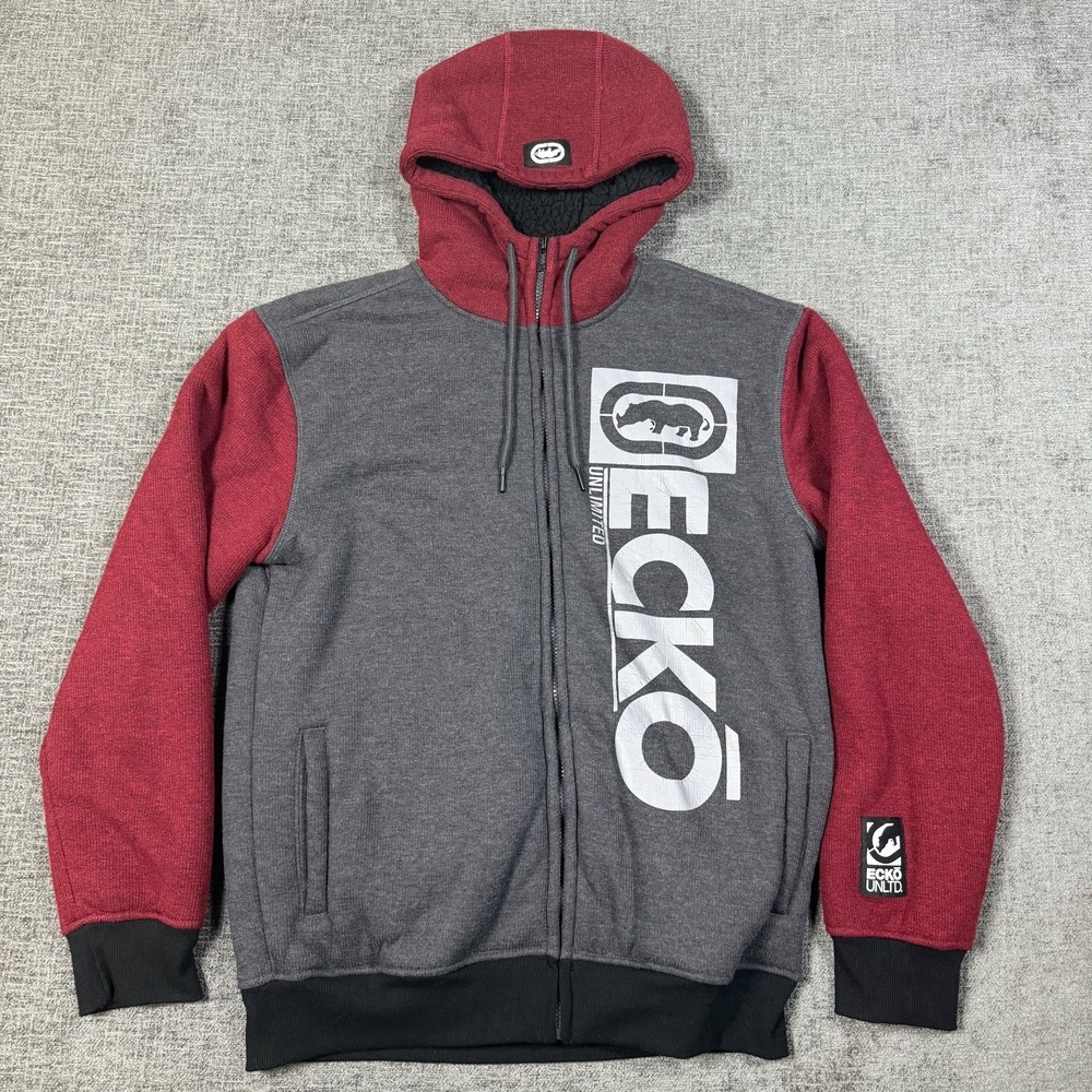 Ecko Unltd Hoodie Sweatshirt Men's Size M Gray/Red‎ Full Zip Rhino Y2K Skater